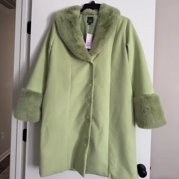 NWT Wild Fable Women's SZL mint green coat w/faux fur collar and sleeves. - Picture 1 of 8
